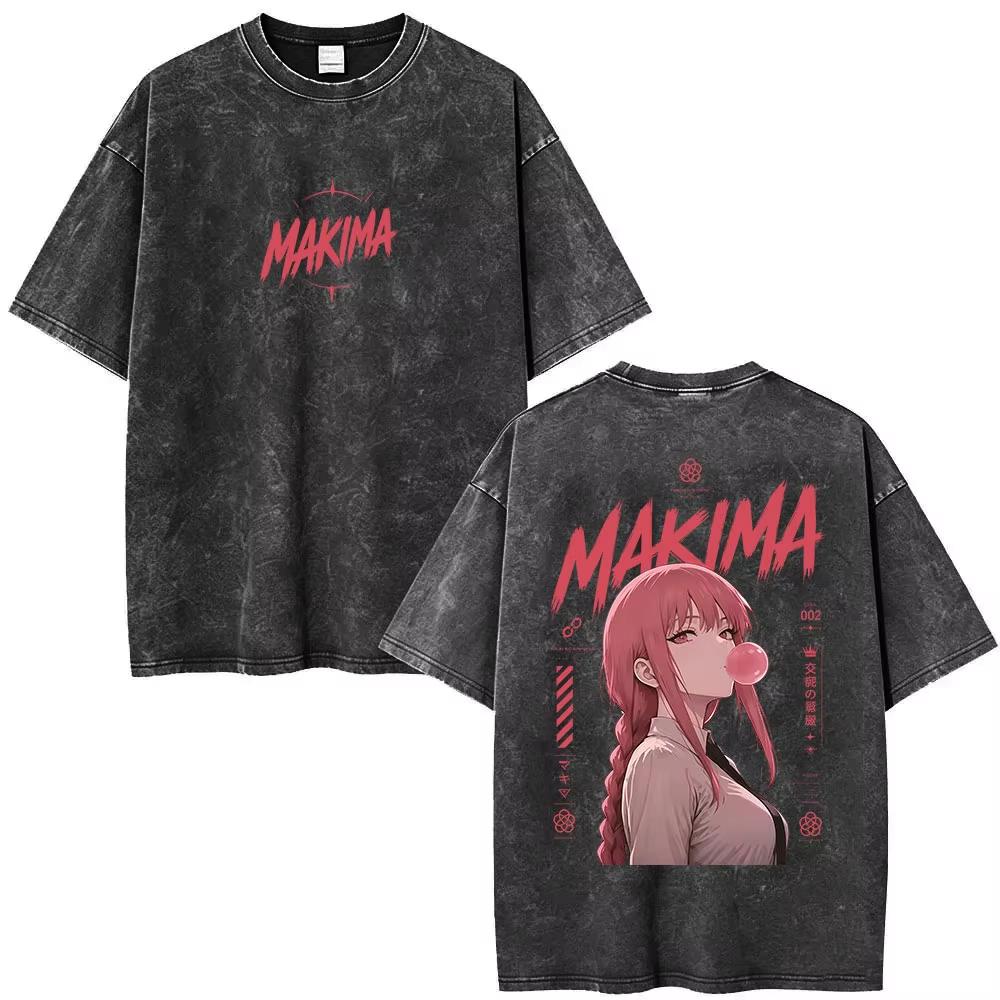 2026 Summer Hot Sale Anime Chainsaw Man MAKIMA Vintage Washed T Shirts Y2K Men Women Hip Hop Punk Streetwear Oversized T-shirt