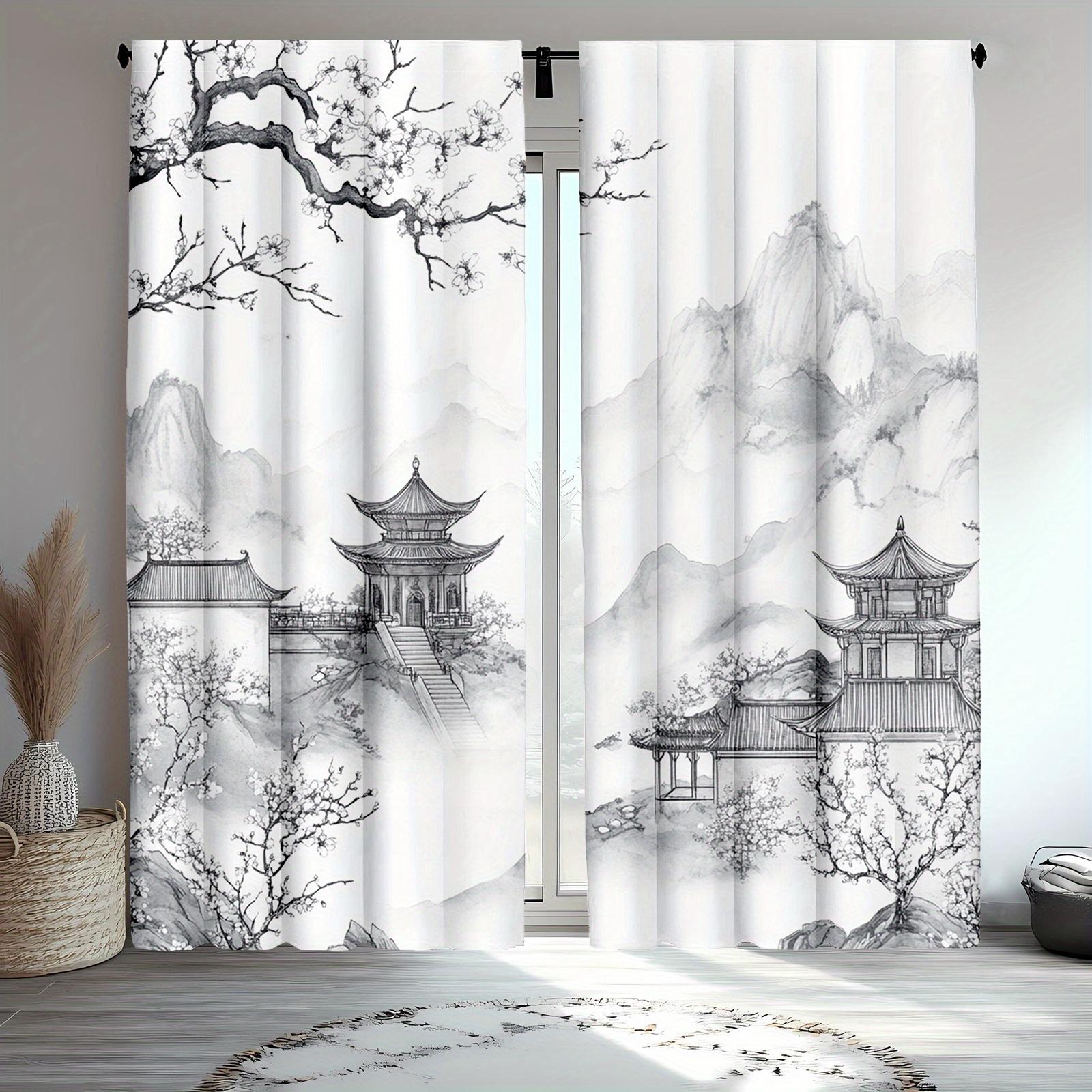 

Set Of 2 Asian Red Cherry Blossom Curtains Traditional Ink Style Living Room Bedroom Curtain Polyester Perfect For Sitting W100*H70(CM)-Hooks&1PCS
