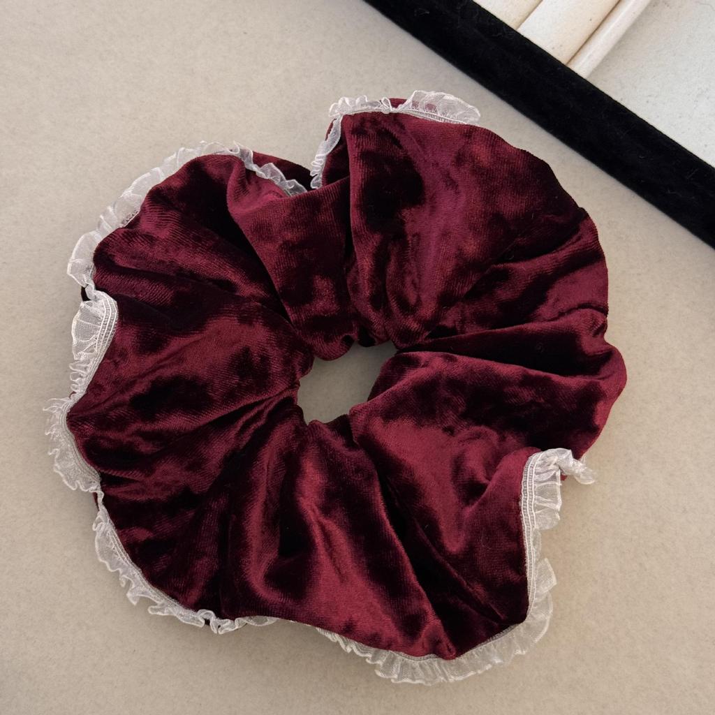 Banda de păr coreeană retro din catifea cu dantelă intestin gros - Design floral high-end pentru coadă de cal