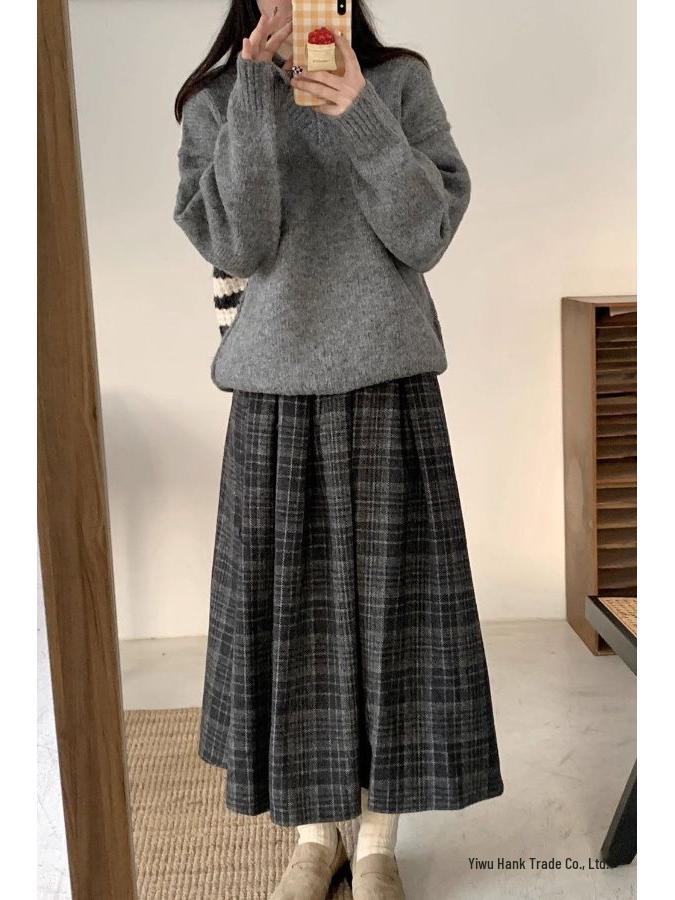 Academy Retro Plaid Wool Midi Skirt: Autumn/Winter, High-Waisted, Elastic, Big Swing, Slimming Pleated Design