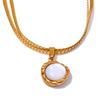Yhpup Stylish Natural Shell Round Chic Pendant Necklace Water Resistant Stainless Steel Elegant Chain Temperament Jewelry Gift