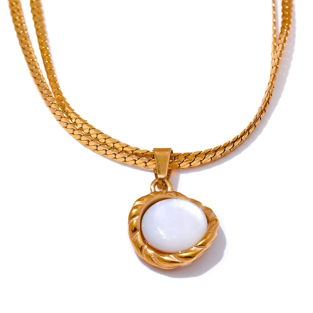 Yhpup Stylish Natural Shell Round Chic Pendant Necklace Water Resistant Stainless Steel Elegant Chain Temperament Jewelry Gift