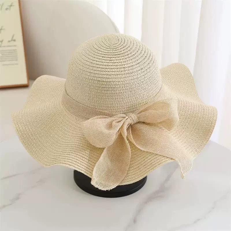 Flat-top straw hat women's straw top hat, new summer big-brimmed sun hat, seaside vacation sun hat