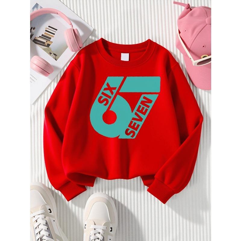European Sizes Kids' Casual Sweatshirt Printed Round Neck Pullover, Kids' Round Neck Sweatshirt with Fashion "67" Theme Feature Print for Kids