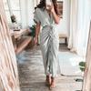 Fashion Women Elegant Turn Down Collar Shirt Dress Summer Short Sleeve with Slit Party Office Ladies Dresses