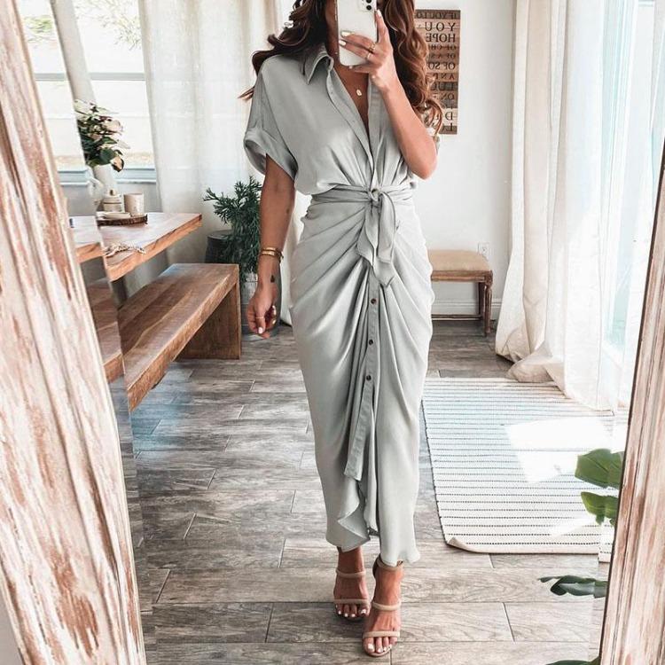 Fashion Women Elegant Turn Down Collar Shirt Dress Summer Short Sleeve with Slit Party Office Ladies Dresses