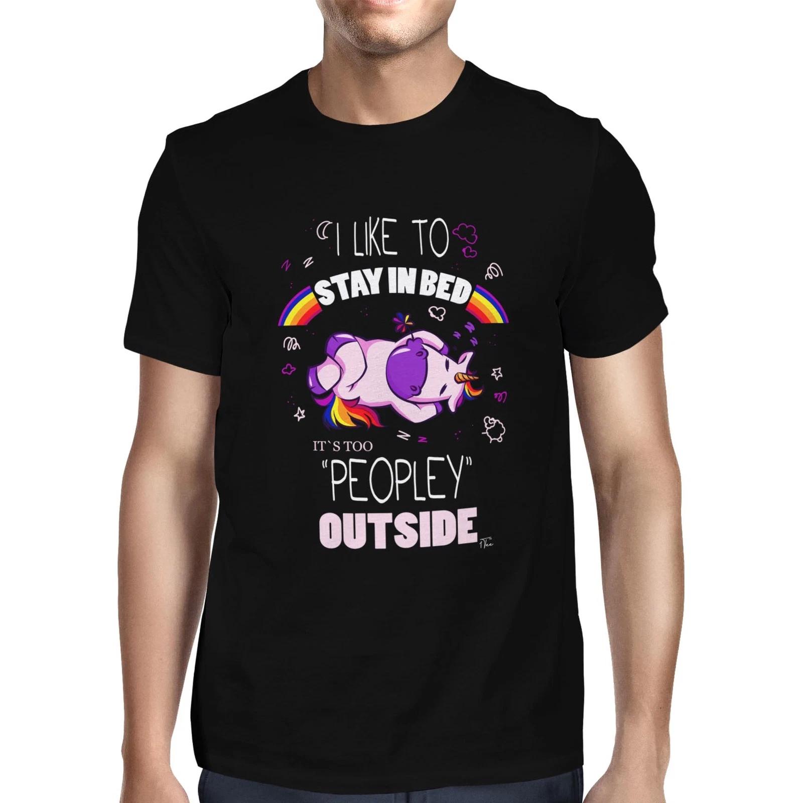 1Tee Mens I Like To Stay In Bed Its Too Peopley Outside Lazy T-Shirt XS