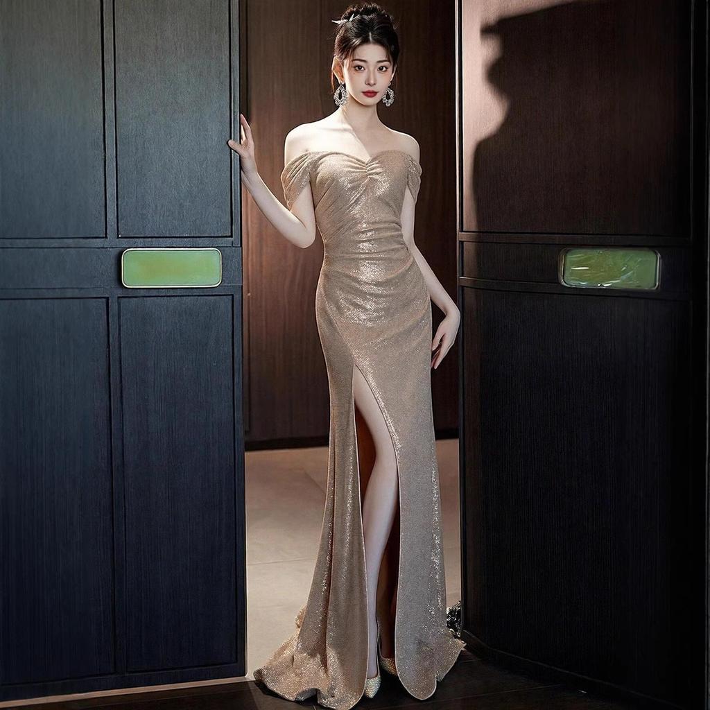 Champagne Shoulder Sequin Dress Vocal Art Candidates Fish Tail Beautiful Engagement Bride Toast Dress Split Forked Dress