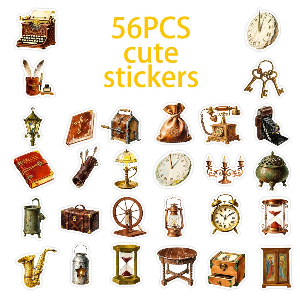 56 Retro Style Home Old Objects Graffiti Stickers Camera Clock Waterproof Decorative Stickers