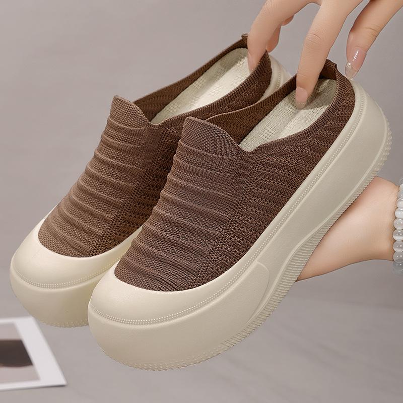 Shoes Women's Summer Fly-woven One-pedal Platform Shoes Solid Color Heightening Casual Shoes Bag Head Outer Slippers
