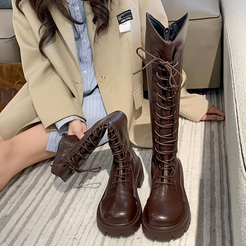 Moda Inverno Mulheres Zíper Nova Bota Longa Moda Cadarço Sapatos Antiderrapantes Casuais Botas Tendência Solado Grosso Sapato Confortável para Senhoras Botas