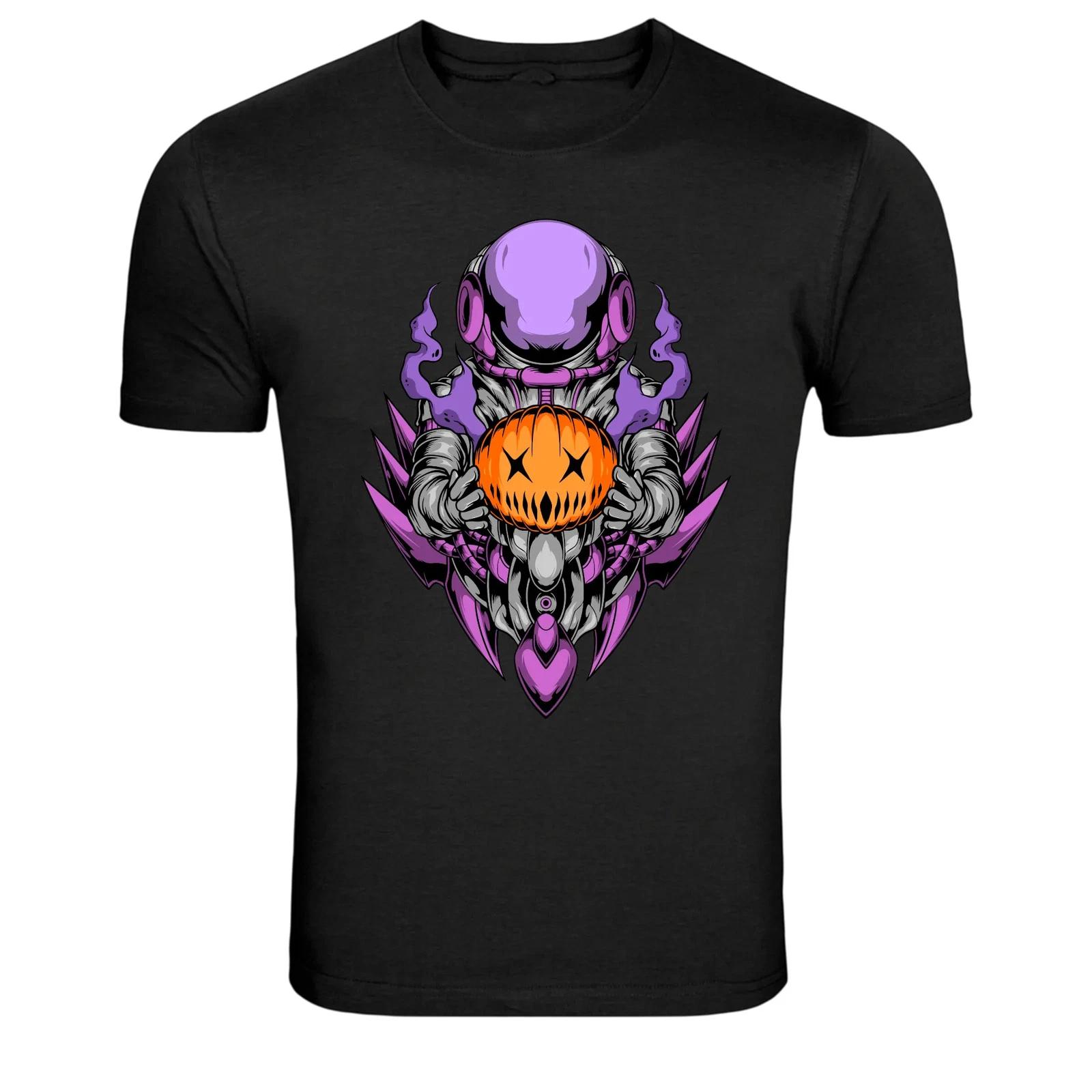 Space Robot Holding Pumpkin Sci-Fi Halloween T-Shirt L
