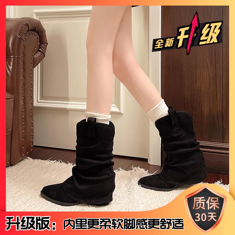 

2025 new pointed thick heel suede western cowboy boots wide tube boots women s high heel pant tube boots stacking boots fashion boots 35