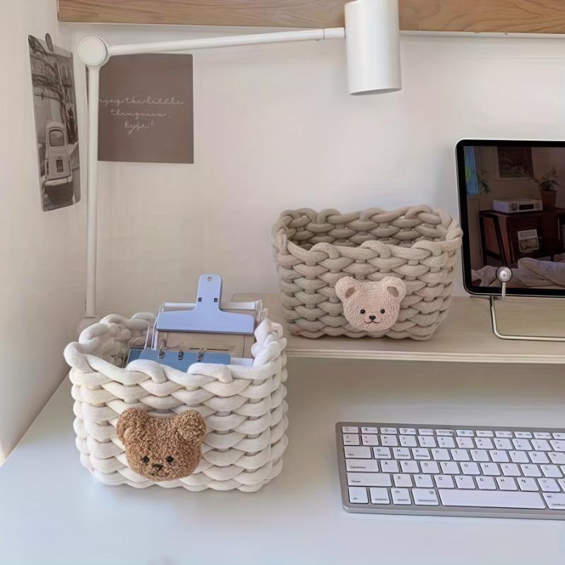 2 Stück Kawaii Kleiner Bär Kleiner Aufbewahrungskorb Korea Schreibtisch Dekorative Seil Gewebter Regal Korb Niedlicher Weicher Tisch Kleinkram Organizer
