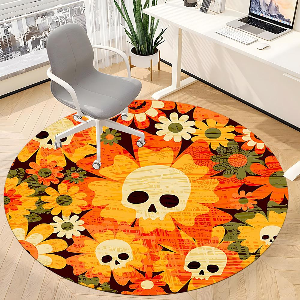 1pc Skull Flowers Office Round Area Rug, Mat Suitable For Office, Under Office Chairs Bedroom Living Room Home Decor, Room Deco