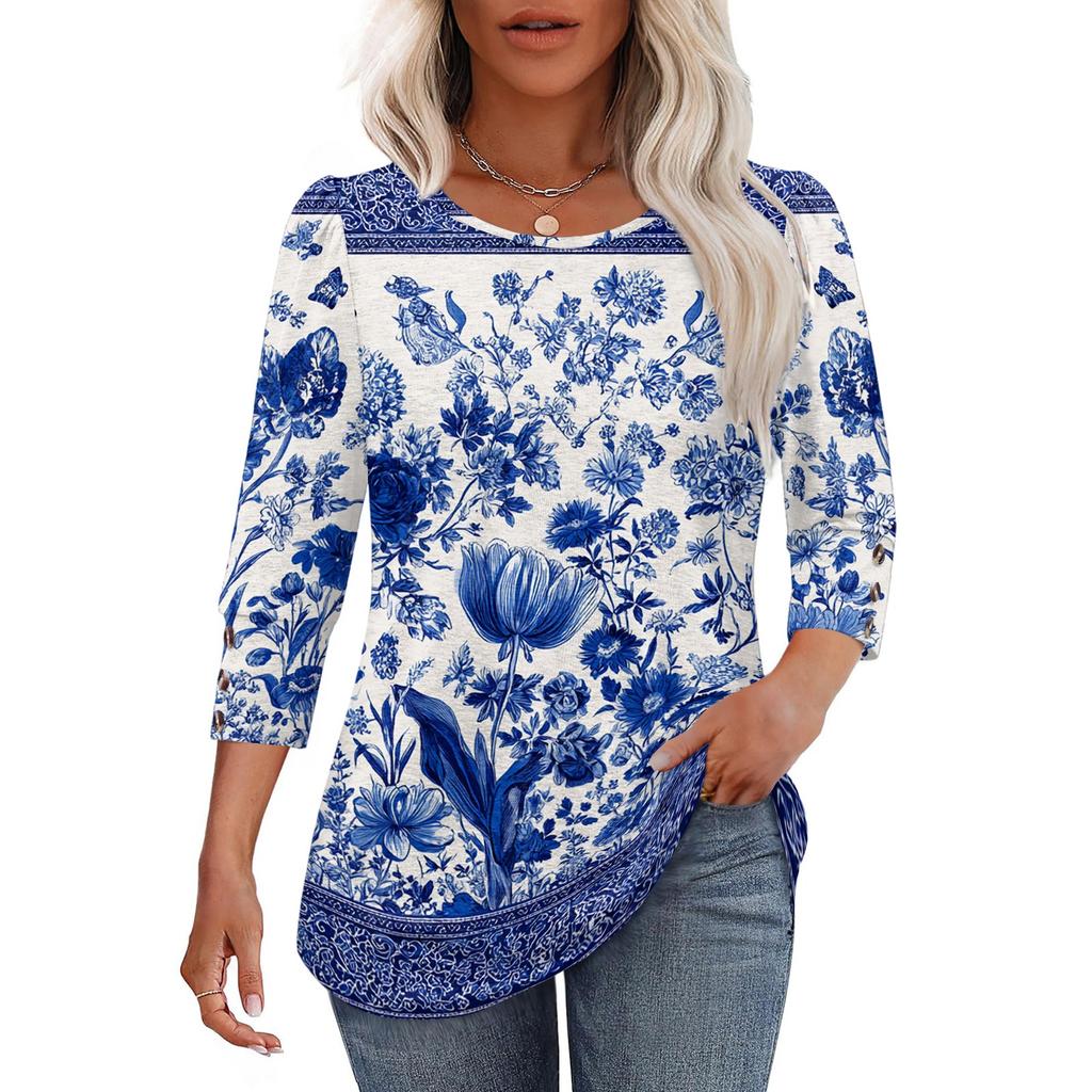 Damen Freizeit lockerer Schnitt Rundhalsausschnitt Oberteil Dreiviertelärm Blumenprint Leichte Bluse für den Alltag