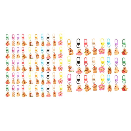 24/50Pcs Capybara Keychains Set Cartoon Resin Doll Charm Keychains Metal Key Ring