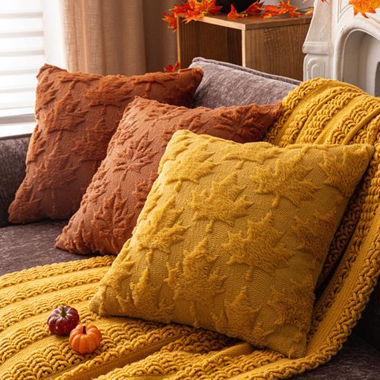 Decorative Pillow Case Embroidery Maple Leaves Pumpkin Pattern Pillow Cover Removable