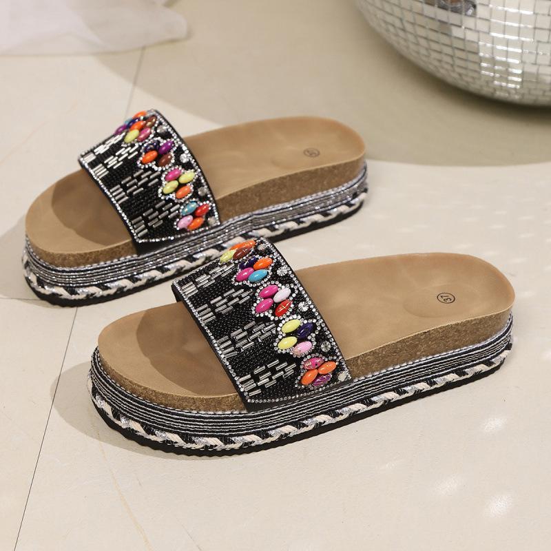 Large Size Muffin Thick-bottomed Cool Slippers Summer New European and American Colored Big Diamond One-word Slippers