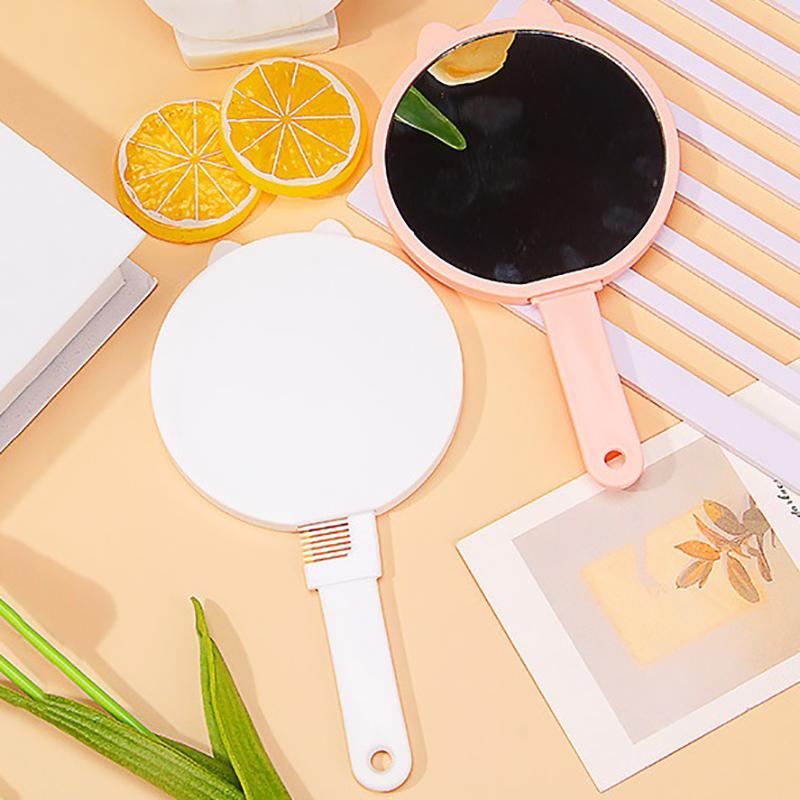Cartoon Cat Makeup Mirror On Handle Mini Vanity Mirrors Hair Comb Integrated High Definition Portable Women Girl Cosmetic Tools