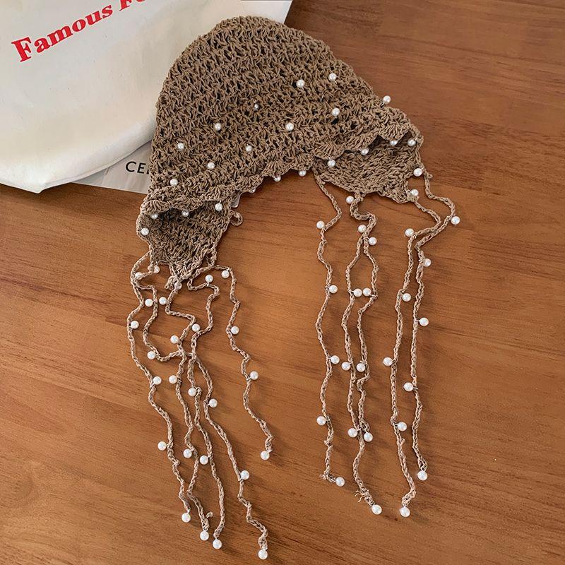 Women's Summer Hollow-out Pearl Tassel Pendant Head Wrap Hat Ethnic Style Knit Slouchy Hat Retro Face Slimming Cap