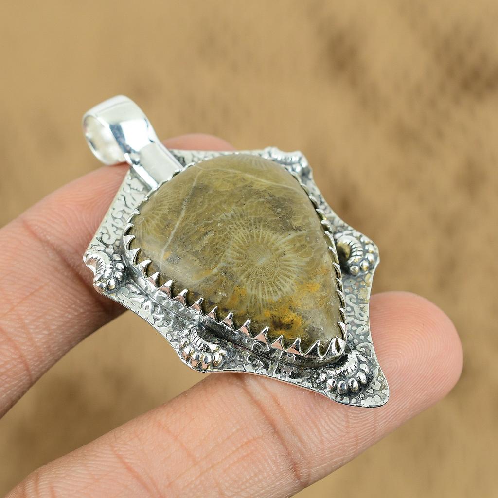 Fossil Coral Gemstone Birthday Engagement Anniversary Pendant Sterling Silver