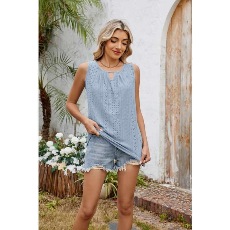 Women's New Spring and Summer Round Neck Hollow Pleated Vest Sleeveless Top T-shirt