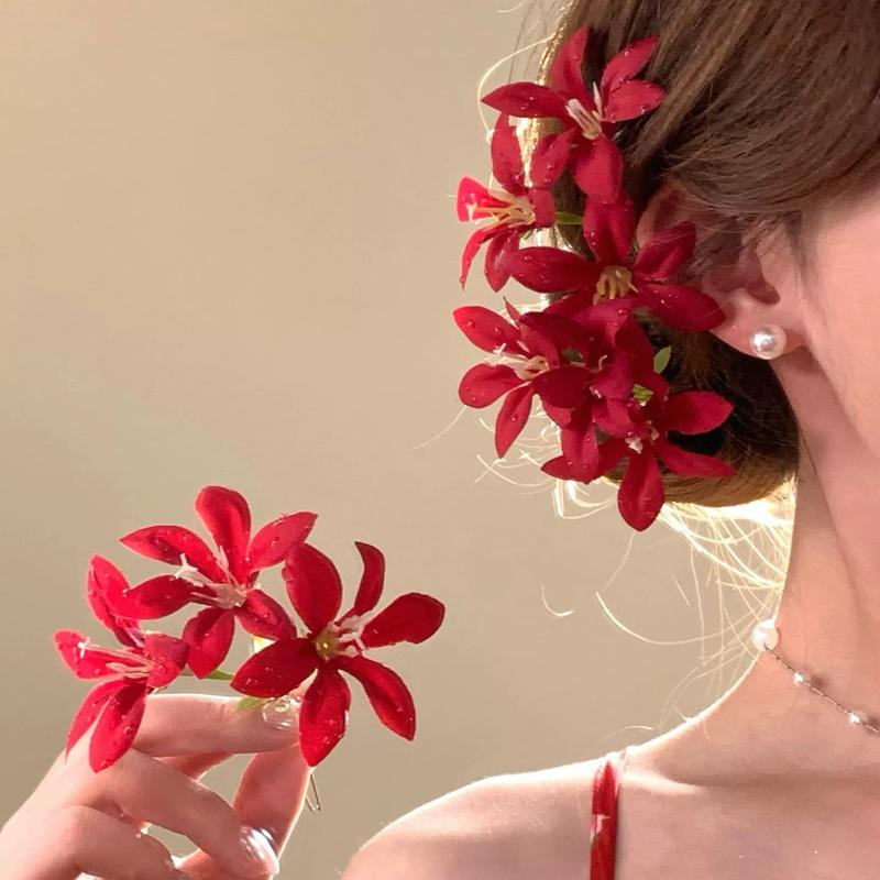 2Pcs Artificial Flower Decor Hair Stick For Women Bridal Wedding Party Pography Daily Use красный