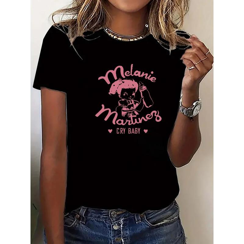 European Size Cartoon Print T-shirt, Short Sleeve Crew Neck Casual Top For Summer & Spring, Women's Clothing