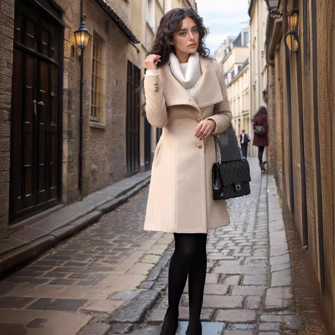 

Осенняя и зимняя женская одежда Однобортное шерстяное пальто средней и длинной длины Женское шерстяное пальто узкого фасона XXL