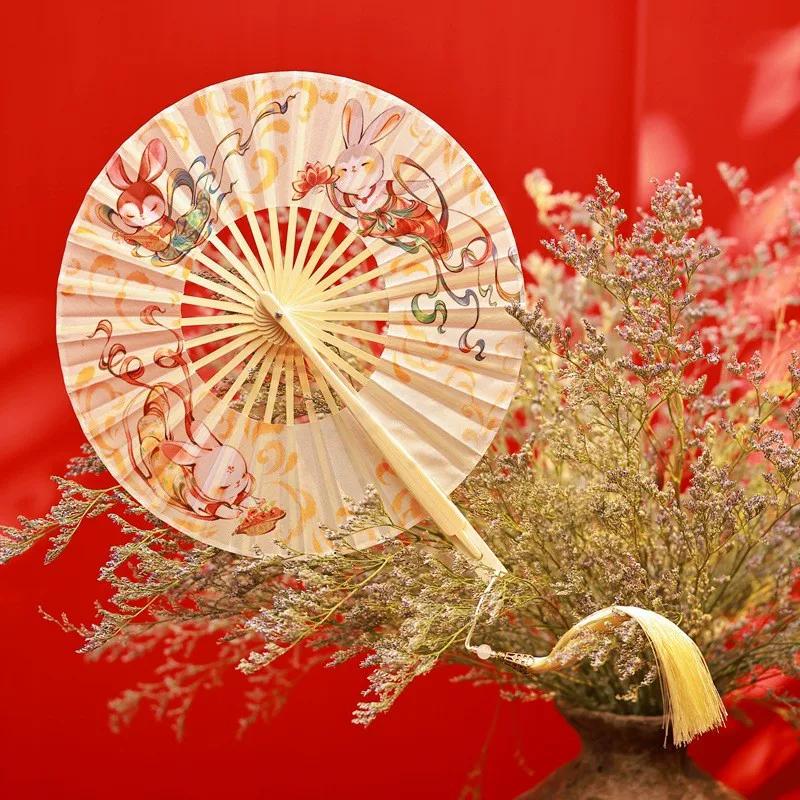 Chinese Style Green Jasmine Flower Folding Fan 360-Degree Folding Fan Round Fan Ancient Style Qipao Hanfu Dance Fan Portable Summer Fan
