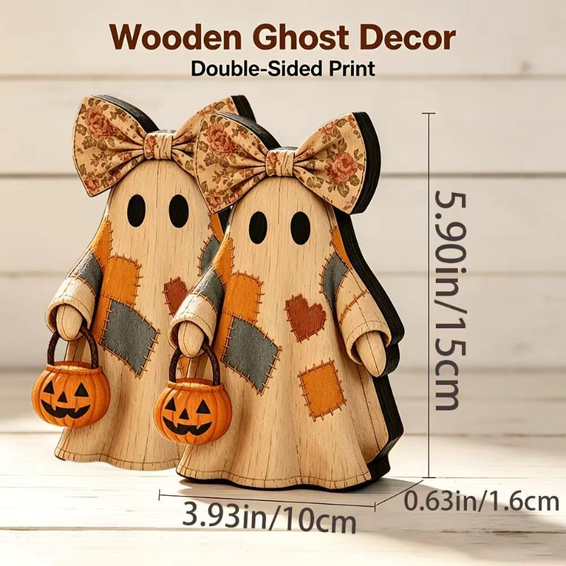 2D Vintage Abgenutzter Holzflicken Geist Tischdekoration Halloween Hexenhut Mit Schleife Dekoration Für Wohnzimmer Schlafzimmer Kamin