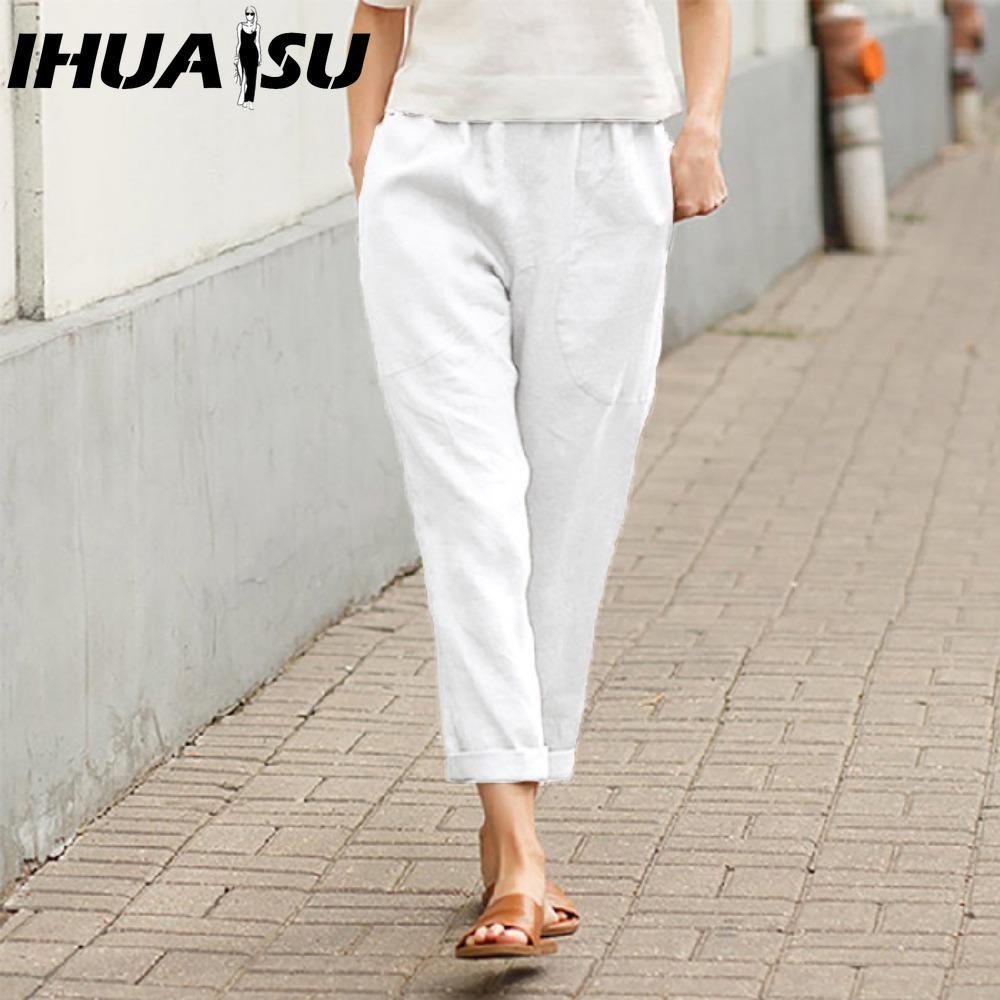 IHUASU Dámské letní jednobarevné kalhoty s dvojitou kapsou volné dlouhé kalhoty dámské bavlněné lněné kalhoty