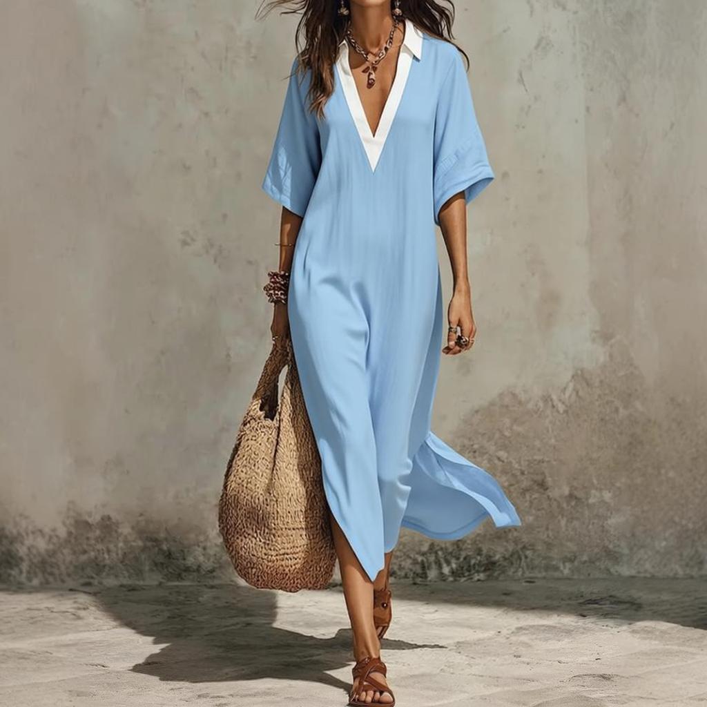 Women's Casual Bohemian Style V Neck Long Dress Loose Fit Vacation Beachwear Lightweight Summer Maxi Dress with Short Sleeves