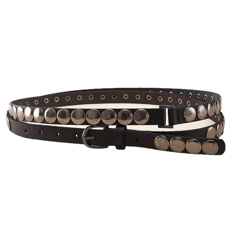 Rivet Punk Belt, Retro Genuine Leather Ladies' Extended Double-loop Thin Waist Belt, Belt Corset