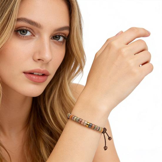 Boho Wood Bead Bracelet Wooden Flat Beads Bracelet Adjustable Friendship Bracelet with Inspirational Card Gift for Men Women