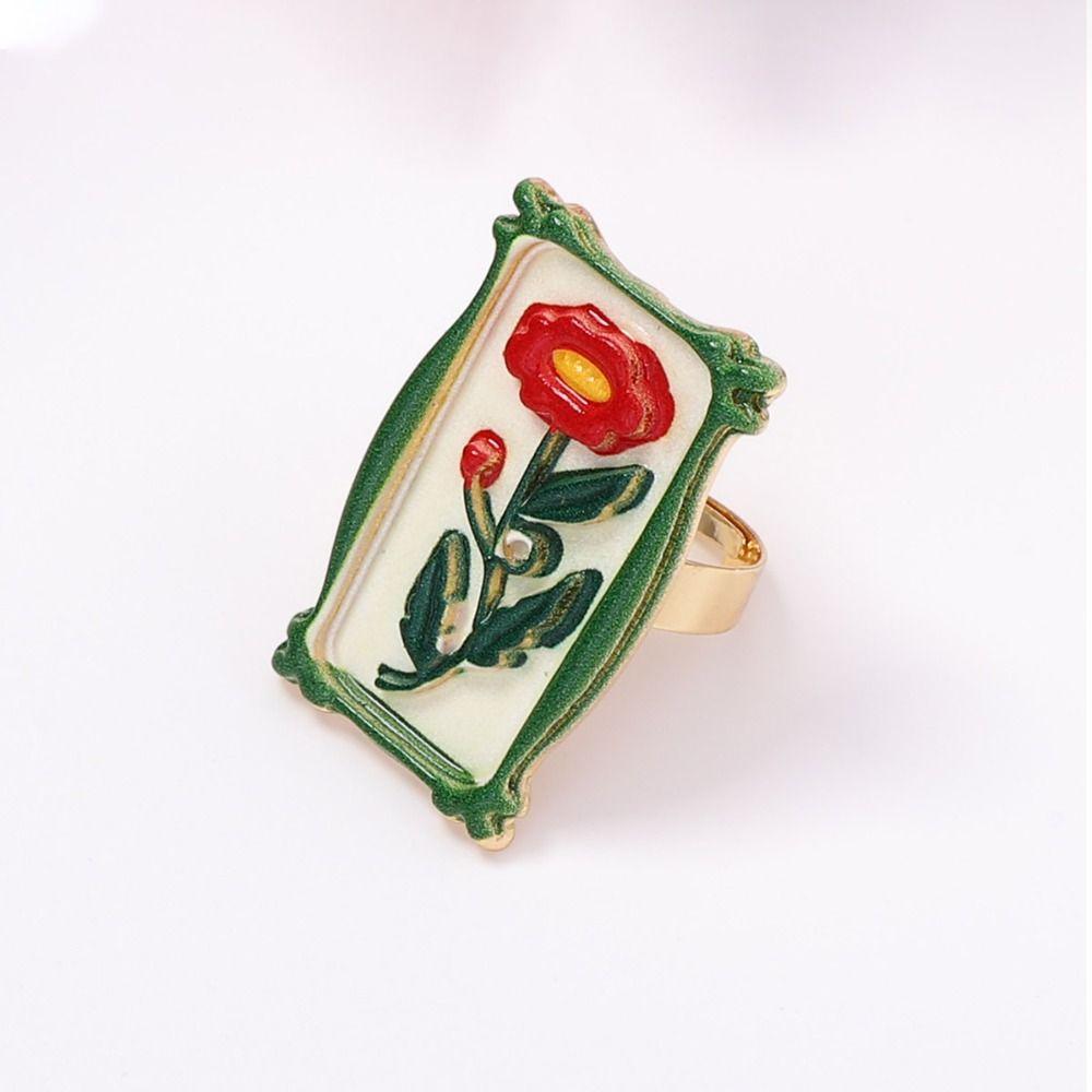 French Vintage Ring Printing Opening Ring Exquisite Enamel Flower Ring Jewelry