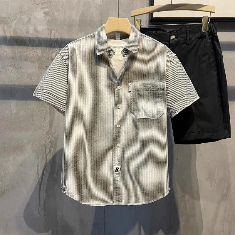 

Summer Breathable and Versatile Casual Short-sleeved Shirt Fashionable Contrasting Striped Lapel Layered Outerwear Men XXXL бежевий