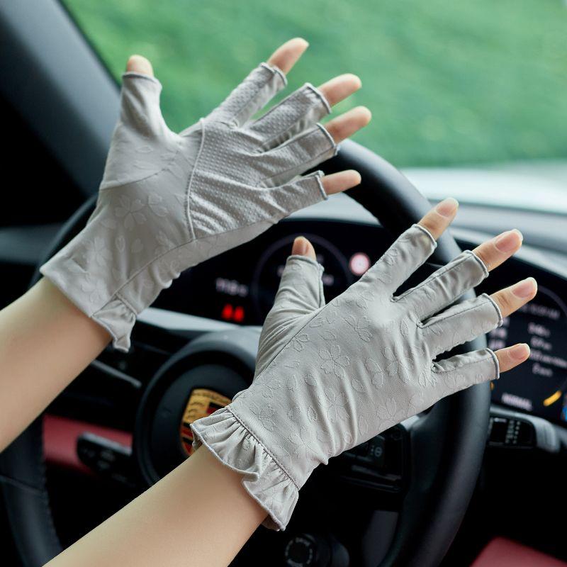 

Spring 2025 New Arrival Driving Half Finger Lace Sun Protection Gloves Female Summer Short Thin Ice Silk Touch Screen UV Protection Grey All yards