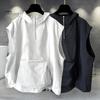 Men Summer Vest Hooded Zipper Half Placket Sleeveless Hip Hop Style Vest Jacket Solid Color Quick-Drying Large Pockets Waistcoat