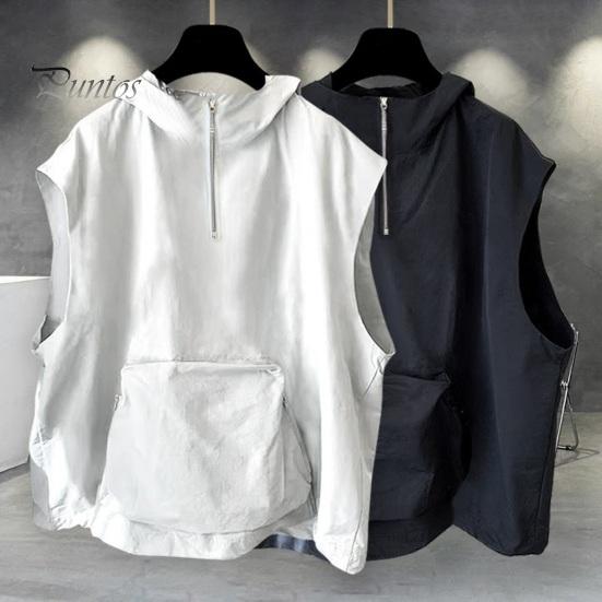 Men Summer Vest Hooded Zipper Half Placket Sleeveless Hip Hop Style Vest Jacket Solid Color Quick-Drying Large Pockets Waistcoat