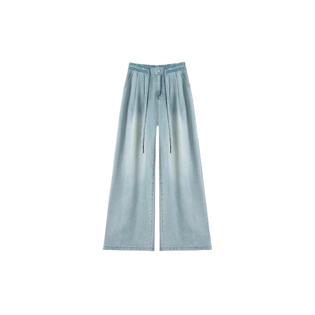 Plus-Size Women's Wide-Leg Ice Silk Jeans, Slimming and Loose with Drawstring Waist for Summer