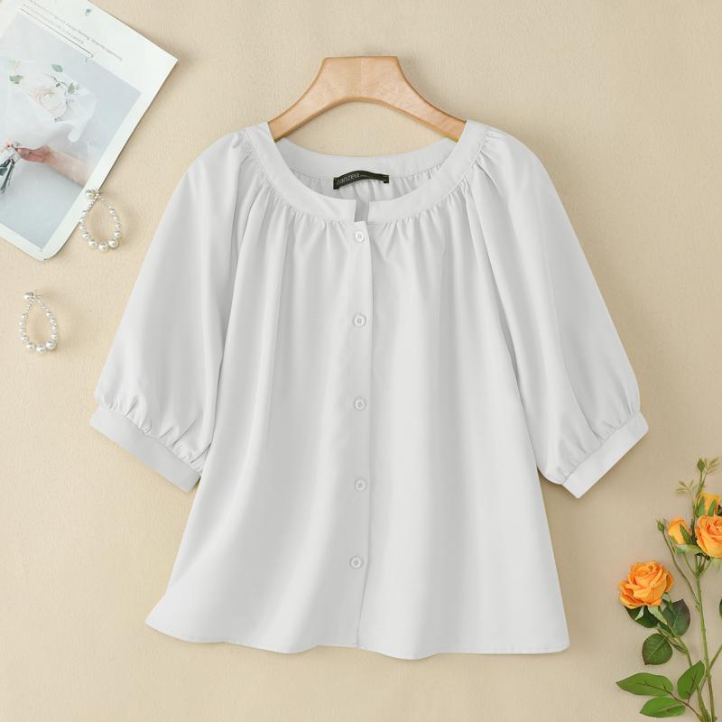 ZANZEA Women Casual Round Neck Loose Summer Short Sleeve Blouse