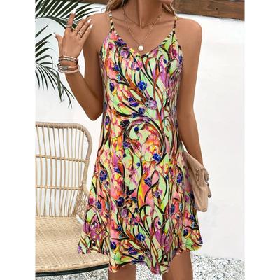 Rochie cu decolteu în V cu imprimeu floral, rochie de vacanță fără mâneci cu bretele spaghetti pentru primăvară și vară, îmbrăcăminte pentru femei