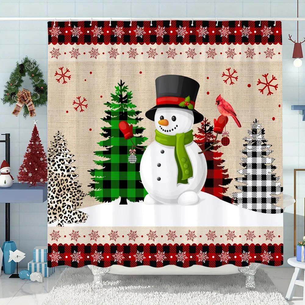 Snowman Christmas Tree Shower Curtain Merry Christmas Gift Polyester Fabric Home Shower Curtain Bathroom Decoration with Hooks