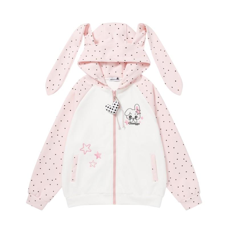 Amerikanischer Vintage Süßer Farbblock Hoodie Herren Damen Lang Hasenohr Polka Dot Stern Stickerei Sweatshirt