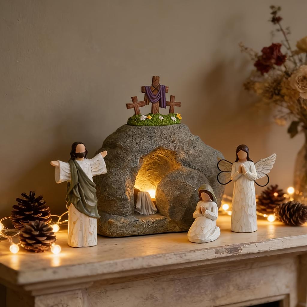 Lighted Easter Resurrection Scene Set Resin Empty Tomb Easter Scene Figurine Christian Easter Gift for Religious Home Decor Gift