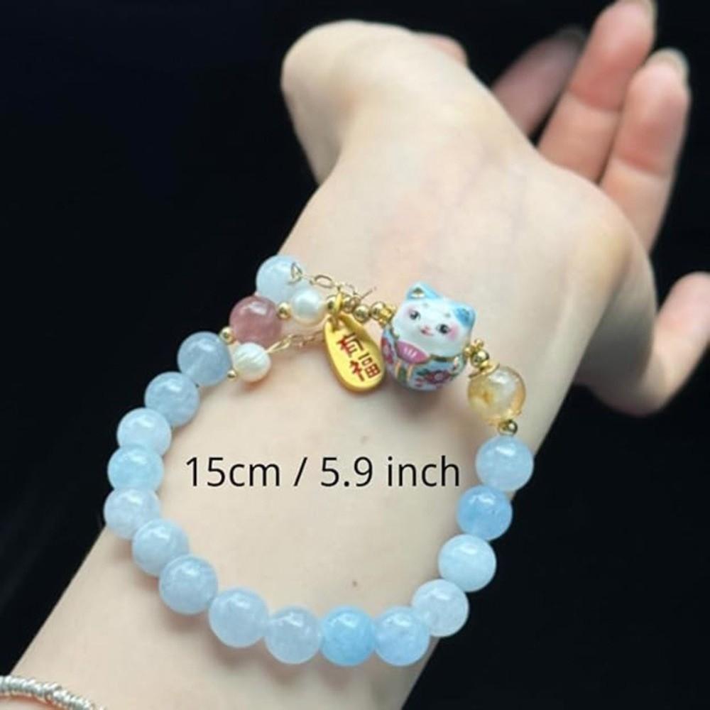 New Blue Crystal Lucky Cat Bracelet Ceramic Cat Pendant Cute Good Luck Jewelry Feng Shui Jewelry For Women