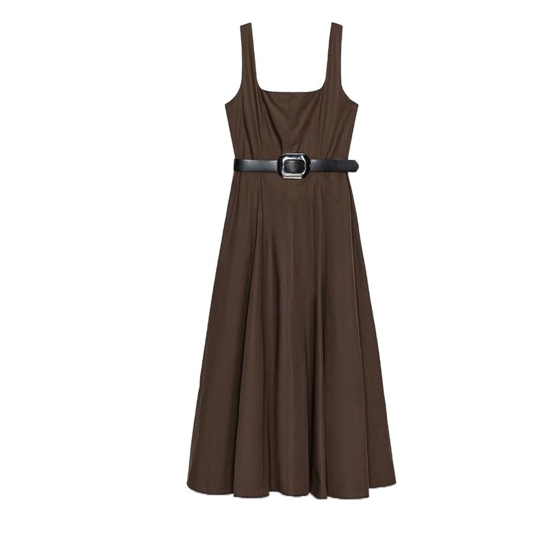 

Summer Women clothes Simple Style Square Collar Wide Shoulder Strap A- line Hem With Belt Midi Dress 5029167 Brown L