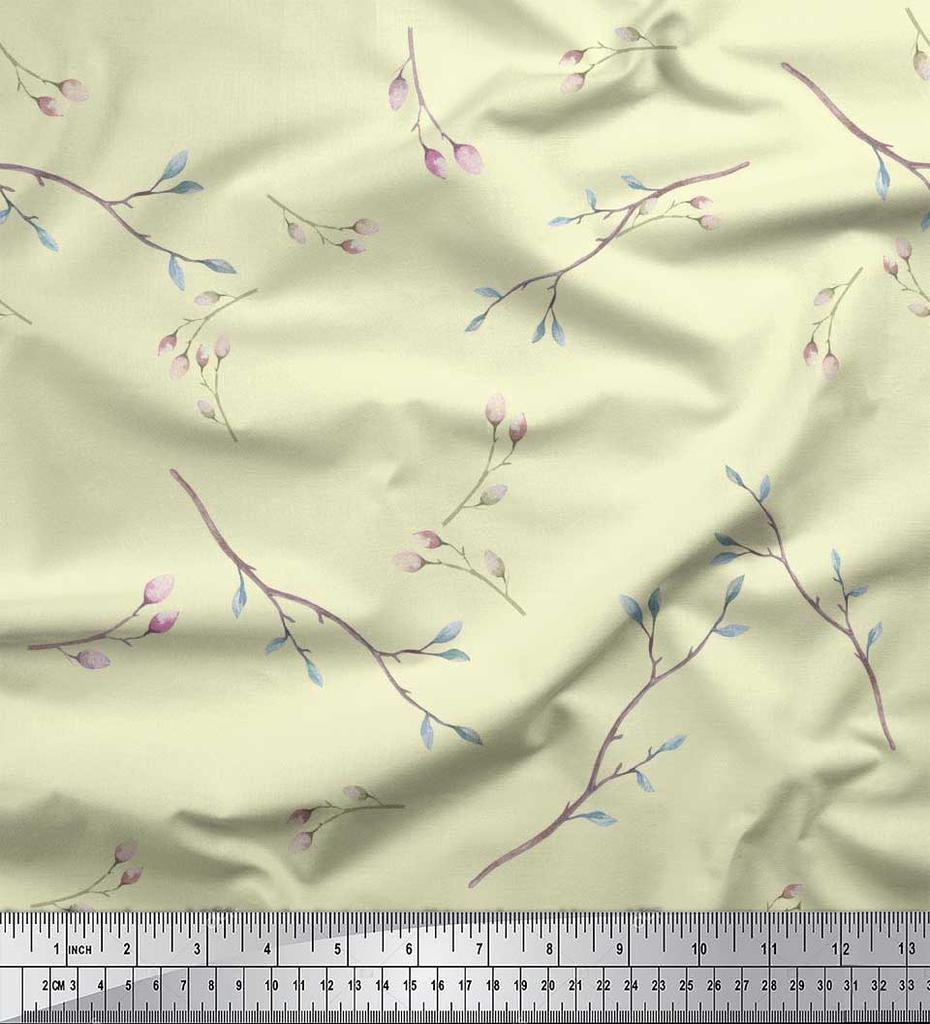 Soimoi Japan Crepe Satin Fabric Leaves & Buds Flower Print Fabric by the metre 42 Inch